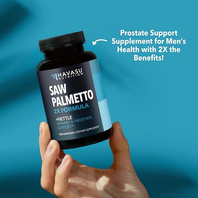 Saw Palmetto with Stinging Nettle Capsules - 2X Prostate Support Supplement for Men’s Health - 120 Count - DHT Blocker for Urinary Tract Function and Hair - Vegan, Non-GMO - 2 Month Supply