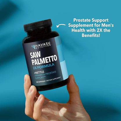Saw Palmetto with Stinging Nettle Capsules - 2X Prostate Support Supplement for Men’s Health - 120 Count - DHT Blocker for Urinary Tract Function and Hair - Vegan, Non-GMO - 2 Month Supply