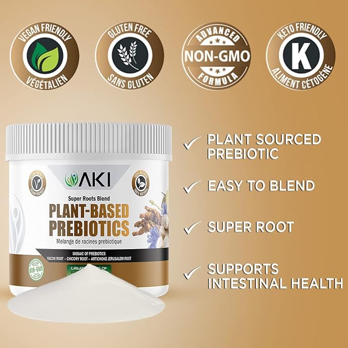 AKI Plant-Based Prebiotic Blend (6oz/170g) - Ideal Source of FOS & Inulin - Nourish Intestinal Flora & Immunity - Ideal for Protein Shakes, Juice, Smoothies - Keto Friendly, Vegan, Gluten & GMO Free