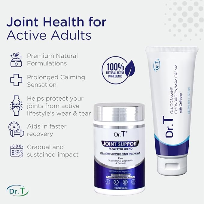 Dr. T Joint Health Bundle: Glucosamine/Chondroitin MSM Cream with Collagen + Joint Support Supplement | Athlete-Grade Joint & Muscle Relief | Non-GMO, Gluten-Free, Made in USA
