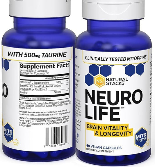 NeuroLife Longevity Supplement - 500mg Taurine & 400mg Berberine Supplement - Clinically Tested MitoPrime L-Ergothioneine - Brain Support for Cognitive Vitality - 60 Berberine Capsules