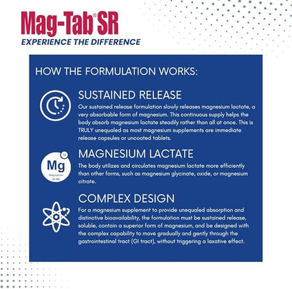 Extended Release Magnesium Lactate Delivery for 10x Better Absorption-Mag-Tab SR (Sustained Release) 100 Count-Supports Sleep, Muscle Cramps, Magnesium Deficiency Health Issue