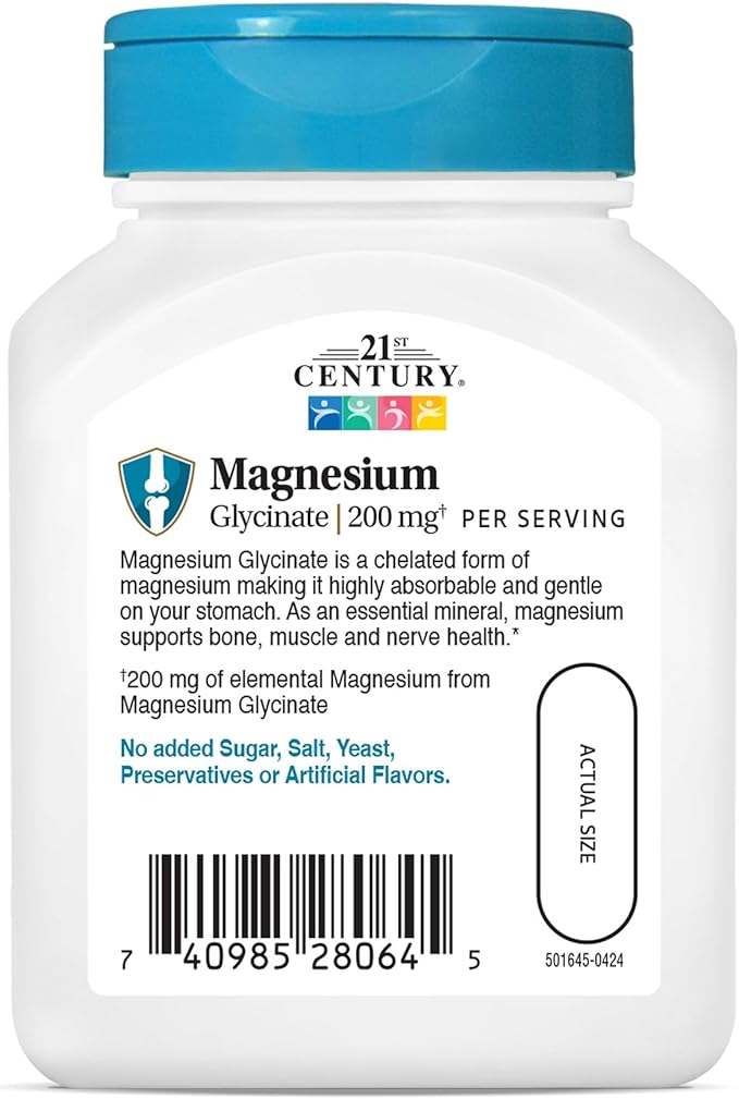 21st Century Magnesium Glycinate 200 mg Capsules per Serving, 90 Count