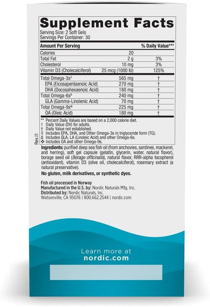 Nordic Naturals Complete Omega-D3, Lemon Flavor - 60 Soft Gels - 565 mg Omega-3 + 70 mg GLA + 1000 IU Vitamin D3 - EPA & DHA - Healthy Skin, Cognition, & Positive Mood - Non-GMO - 30 Servings