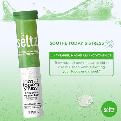 Seltz® Water-Activated Vitamins - Soothe Today´s Stress with L-Theanine, Magnesium, and Vitamin D3 – Natural Lemonade Flavor Dietary Supplement - 6 Packs x 15 Effervescent Tablets Each