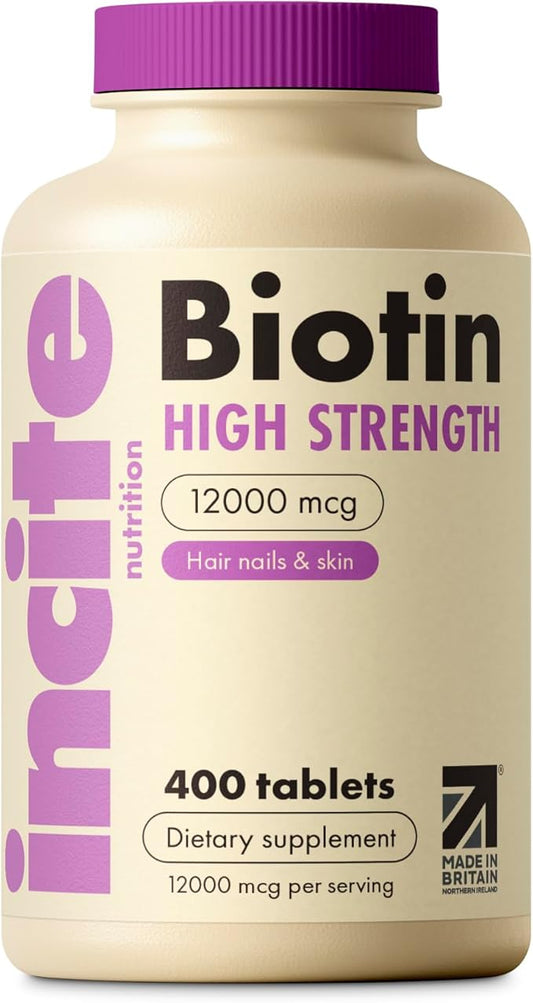 Incite Nutrition Biotin Supplement 12000mcg - +1 Year Supply - High Strength 120 Easy Swallow Tablets - Biotin Hair Growth Vitamins for Hair, Skin & Nails - Natural Vegan & GMO-Free - Made in UK
