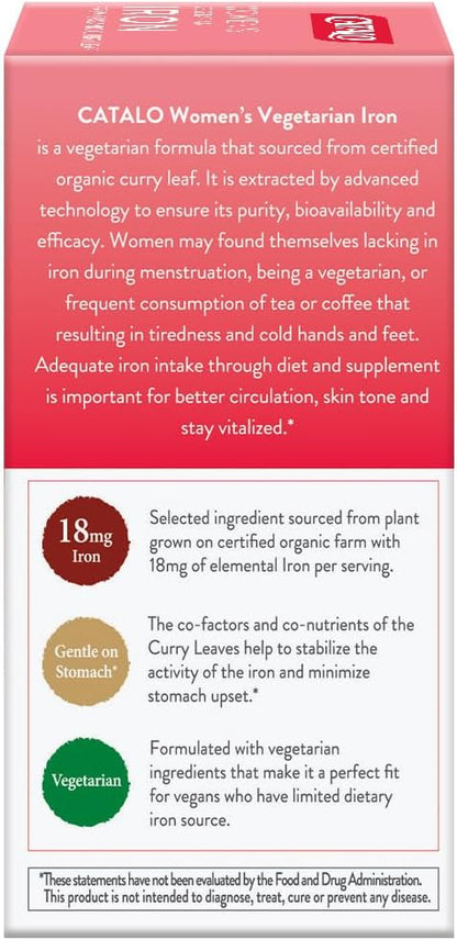 CATALO Iron Supplement for Women with Organic Curry Leaf - Gentle, High Absorption, Vegetarian-Friendly, Stomach-Easy Formula - 60 Tablets