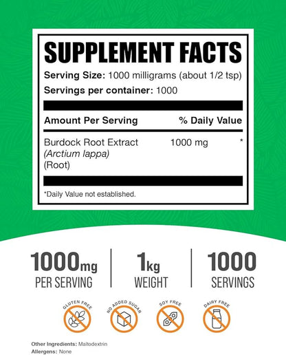 BulkSupplements.com Burdock Root Extract Powder - Burdock Root Powder, Herbal Supplement - Vegan & Gluten Free, 1g per Serving, 1kg (2.2 lbs) (Pack of 1)