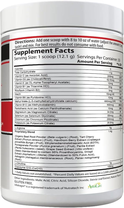 Cardiovascular Support Supplement (30 Servings, Over 12g per) Nitric Oxide Drink Mix (366 Grams, Mixed Berry)