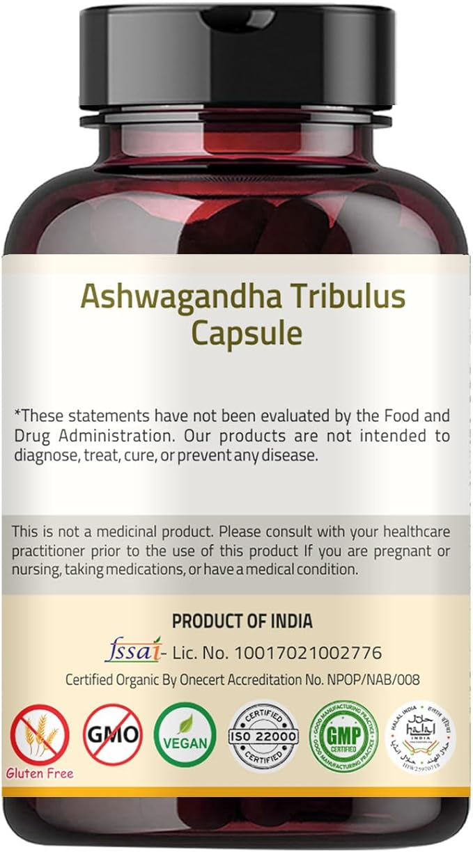 Ashwagandha Capsules Organic 1000mg (90 Capsules) Made with Tribulus Terrestris, Shatavari and Black Pepper Organic Ingredients | 45 Days Supply