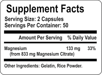 Magnesium Citrate High Absorption Formula 133 mg Per Serving, 100 Capsules