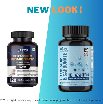 Potassium Supplement 1020mg High Absorption Potassium Bicarbonate- 120 Capsules Supports Electrolyte Balance, Kidney and Bone Health