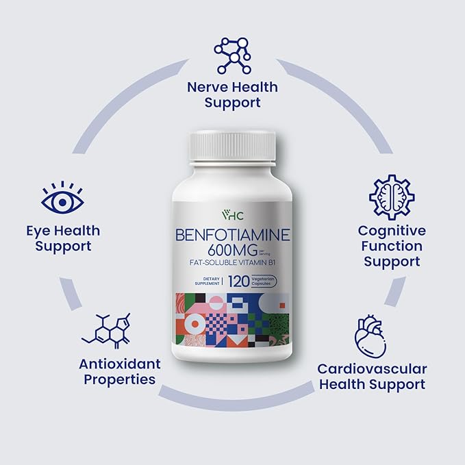 VHC Vitamin B1 Benfotiamine 600mg Supplement- 5X Time Fat-Soluble Thiamine Vitamin B1- Max Boost Bioavailable Thiamine B1 Levels-120 Veggie Capsules,Non-GMO, Soy Free- Made in USA