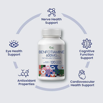 VHC Vitamin B1 Benfotiamine 600mg Supplement- 5X Time Fat-Soluble Thiamine Vitamin B1- Max Boost Bioavailable Thiamine B1 Levels-120 Veggie Capsules,Non-GMO, Soy Free- Made in USA