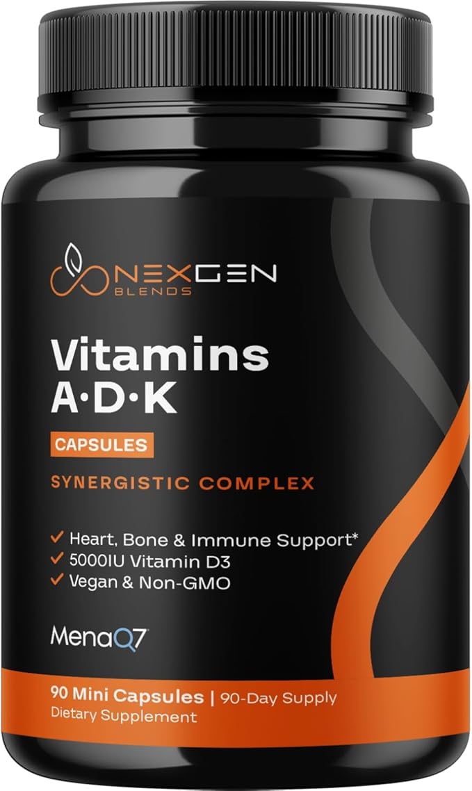 High Absorption ADK Vitamin Supplement - Vegan Vitamin D3 K2 MK7 & A for Calcium Regulation plus Bone Heart Thyroid & Immune Support - Vitamin ADK with 5000IU D3 Non GMO & Gluten Free (3 Months)