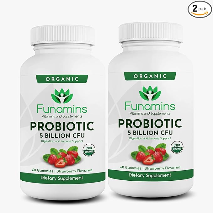 Organic Probiotic Gummies, 2-Pack, 60 Count Each, 5 Billion CFU per Serving, Vegan, Supports Digestive Health and Immune Defense, for Women and Children; Strawberry Flavor