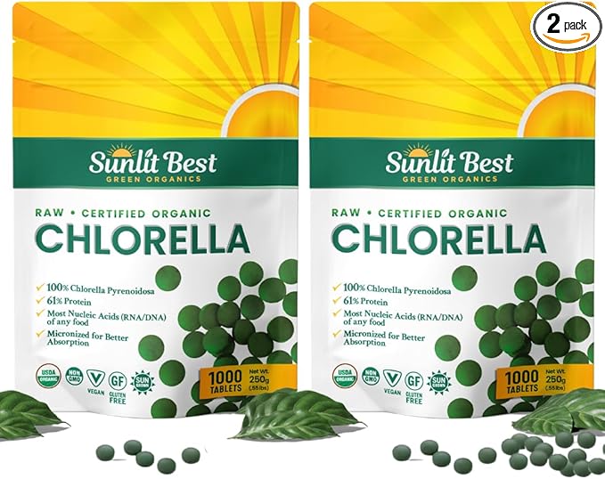 Chlorella Tablets Mega-Pack 1000 Tablets Cracked Cell, Raw, Non-GMO. 100% Pure Chlorella Pyrensoidosa. Green Superfood. High Protein, Chlorophyll & Nucleic acids. No preservatives or fillers - 2-Pack