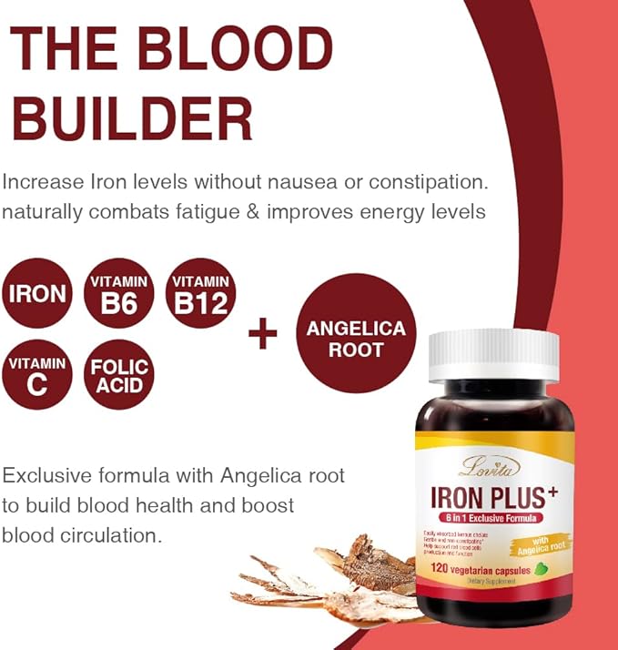 Lovita Iron 18 mg, 6 in 1 Iron Supplement for Women, Iron with Vitamin C, Dong Quai & B12, Vegan Iron Vitamin to Support Red Blood Cell Production Without Constipation, 120 Capsules