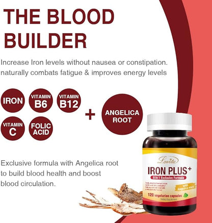 Lovita Iron 18 mg, 6 in 1 Iron Supplement for Women, Iron with Vitamin C, Dong Quai & B12, Vegan Iron Vitamin to Support Red Blood Cell Production Without Constipation, 120 Capsules