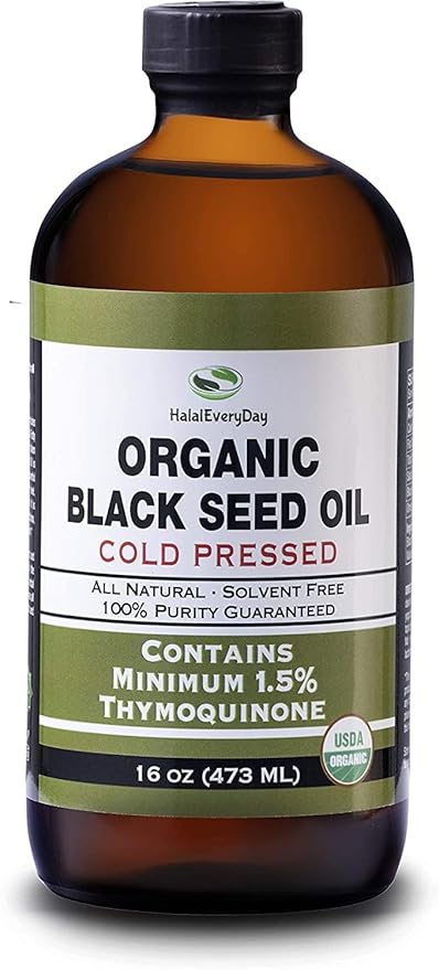 HalalEveryDay Organic Black Seed Oil - USDA Certified, Cold Pressed Glass Bottle 16oz - Over 1.5% Thymoquinone Turkish Black Cumin Nigella Sativa Non-GMO 100% Pure Blackseed Oil