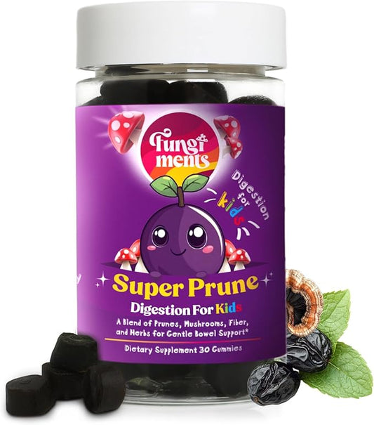 Super Prune Kids - Great for Constipation Relief - Mushroom Supplement - Turkey Tail Mushrooms, Fiber, Rhubarb, Prunes, Ginger, Chamomile (30 Mushroom Gummies)