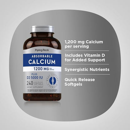 Piping Rock Calcium 1200 mg with Vitamin D3 | 240 Softgels | Absorbable Calcium Carbonate Pills | Non-GMO, Gluten Free Supplement