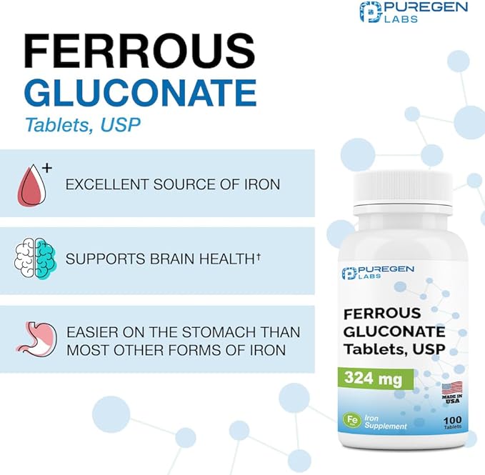 Puregen Labs Ferrous Gluconate 324 mg [High Potency] Iron Supplement, Gentle on Stomach - 100 Tablets
