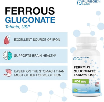 Puregen Labs Ferrous Gluconate 324 mg [High Potency] Iron Supplement, Gentle on Stomach - 100 Tablets