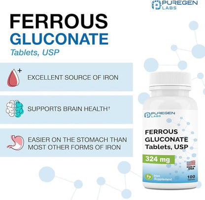 Puregen Labs Ferrous Gluconate 324 mg [High Potency] Iron Supplement, Gentle on Stomach | 2 Pack - 200 Tablets Total