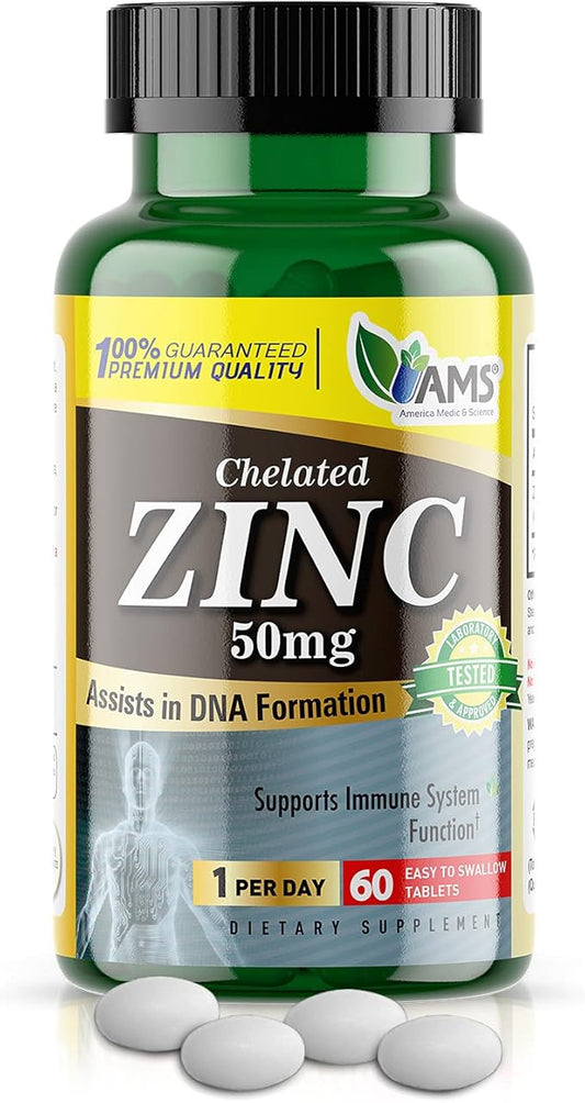 America Medic & Science Chelated Zinc 50 mg Supplements (1 Pack of 60 Tablets) Immune Booster and Powerful Antioxidant Pills for Adults Men and Women | Highly Absorbable Mineral, Improves Mood & Sleep