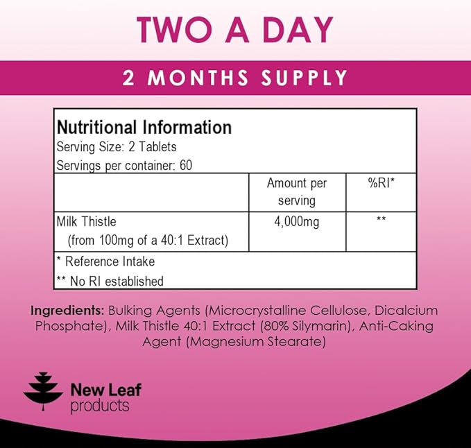New Leaf Products Milk Thistle 1000mg Tablets (4 Month Supply) High Strength 2000mg 80% Silymarin, Vegan Tablets, GMO-Free, Gluten-Free 120 Tablets