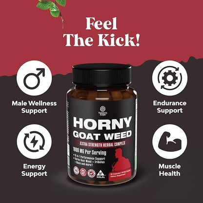 Natures Craft Horny Goat Weed for Men Enhancement - Extra Strength Male Enhancing Supplement with Black Maca Root, Tongkat Ali, Saw Palmetto & Panax Ginseng Extract for Stamina & Energy - 90 Capsules