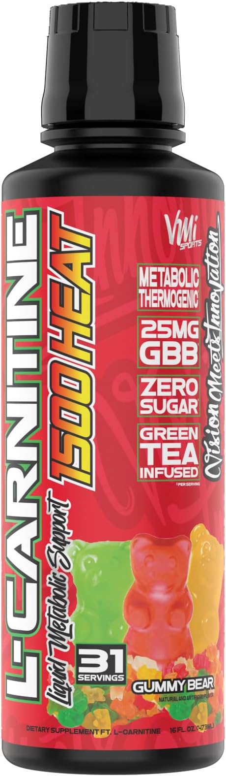 VMI Sports L-Carnitine 1500 Heat Liquid Enhanced Thermogenic | 1500 mg Carnitine | Maximum Absorption Formula | Great Taste for Men & Women | 31 Servings (Gummy Bear)