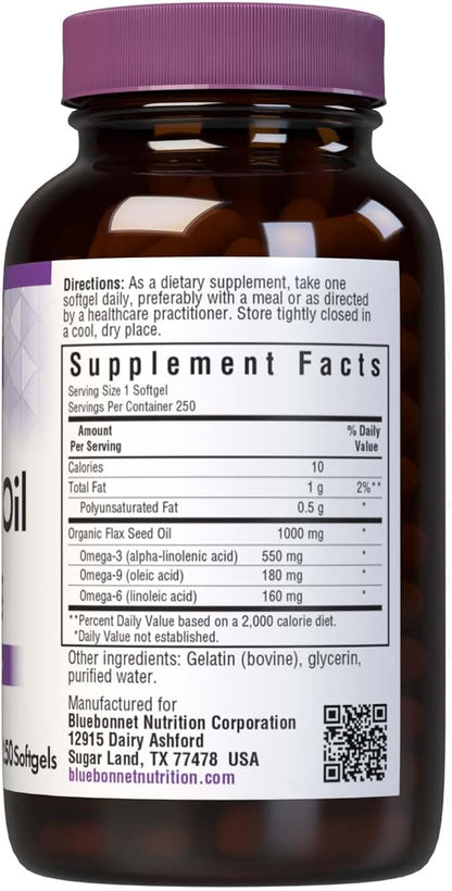 BlueBonnet Nutrition Flax Seed Oil Certified Organic 1000 mg, 250 Softgels