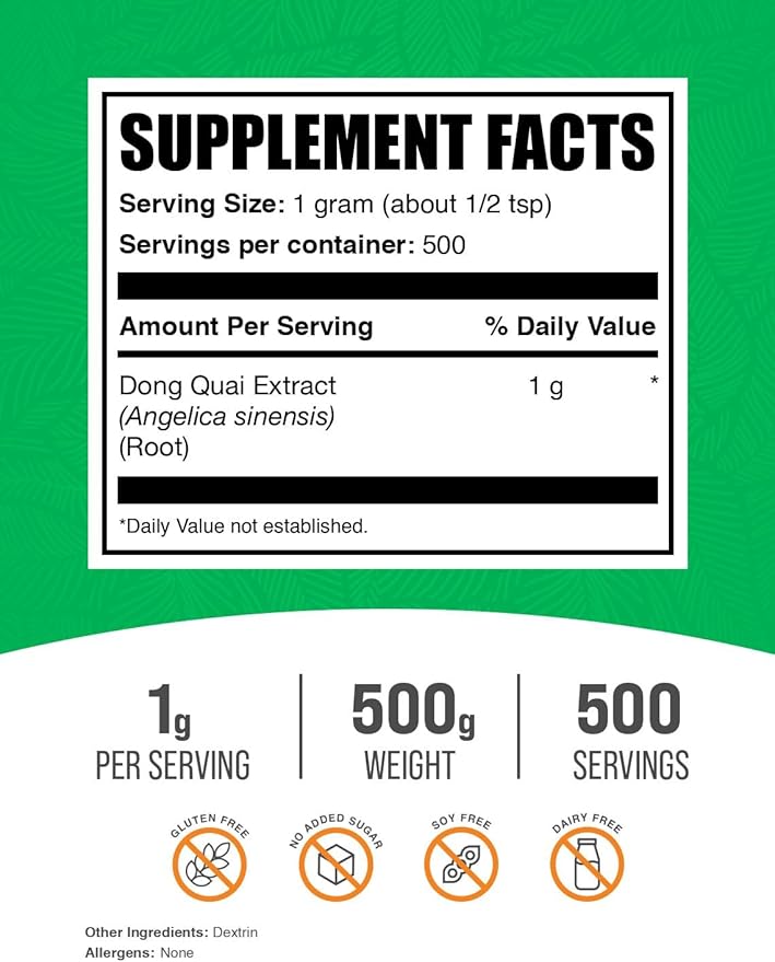 BulkSupplements.com Dong Quai Root Extract Powder - Angelica Root Powder, Dong Quai Herbal Supplements - Vegan & Gluten Free, 1000mg per Serving, 500g (1.1 lbs) (Pack of 1)