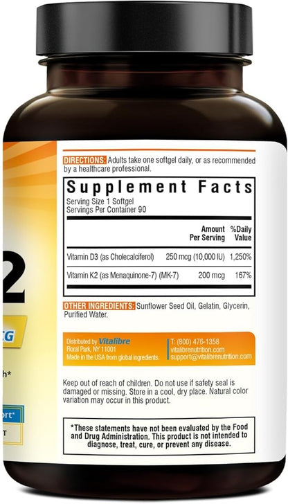 Vitamin D3 K2 Supplement, 10000 IU D3 / 200 mcg K2 MK7, Calcium Absorption, Bone, Heart, Immune & Muscle Support, Enhanced Absorption, No Soy, Easy to Swallow, 90 Softgels