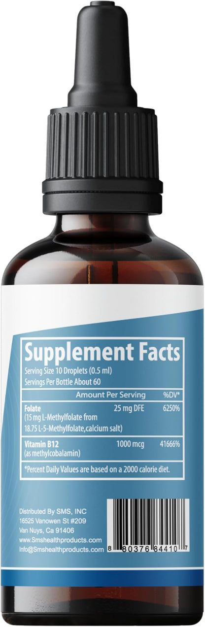 L-Methylfolate 15mg + Methyl B12 Liquid Drops – High Potency Sublingual Formula with Natural Berry Flavor – Active 5-MTHF & Bioactive B12 for Mood, Cognitive Health & Methylation Support (2oz)