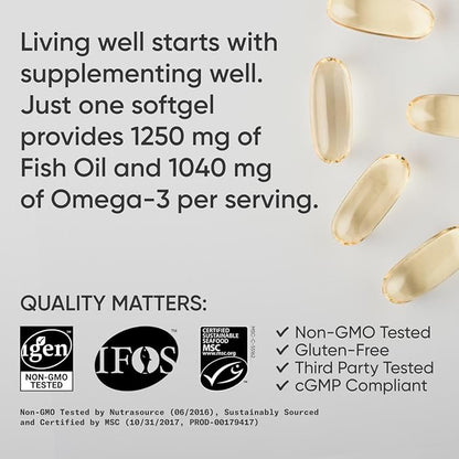 Sports Research Triple Strength Omega 3 Fish Oil Supplement - EPA & DHA Fatty Acids from Wild Alaskan Pollock - Heart, Brain & Immune Support for Adults, Men & Women - 1250 mg Capsules (30 ct)