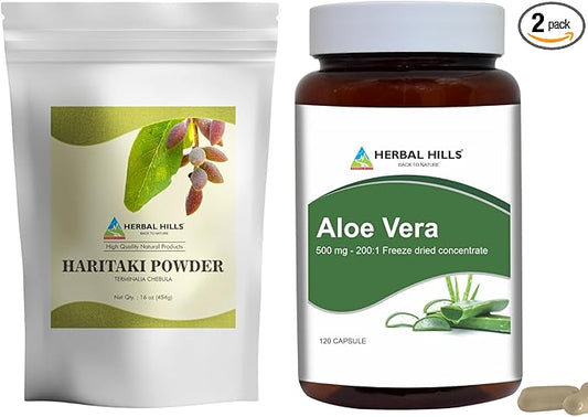 HERBAL HILLS Haritaki Fruit Powder and Aloe Vera Capsules Freeze Dried Pack of 2 Combo