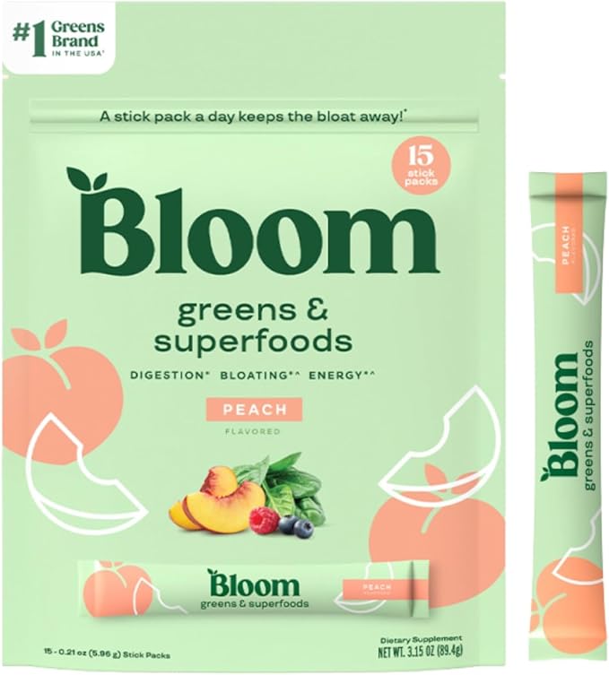 Bloom Nutrition Greens and Superfoods Powder Packets for Digestive Health, Greens Powder, Digestive Enzymes, Probiotics, Spirulina, Chlorella for Bloating & Gut Support, 15 Stick, Peach