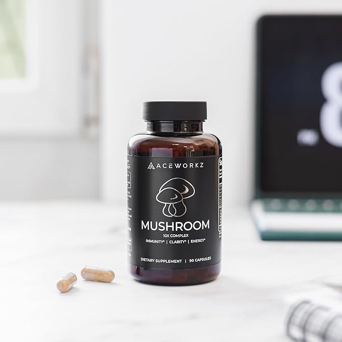 ACEWORKZ 10 Mushroom Complex Supplement - Lions Mane, Reishi and Cordyceps & More - Nootropic for Brain Health, Memory & Focus - Immunity & Energy (90 Capsules)
