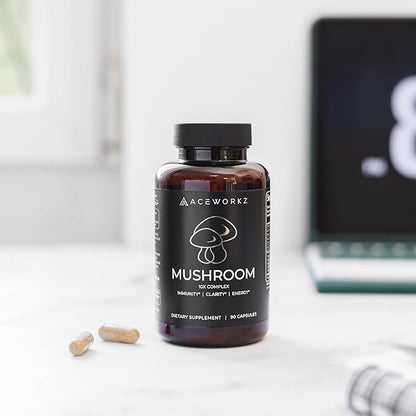ACEWORKZ 10 Mushroom Complex Supplement - Lions Mane, Reishi and Cordyceps & More - Nootropic for Brain Health, Memory & Focus - Immunity & Energy (90 Capsules)