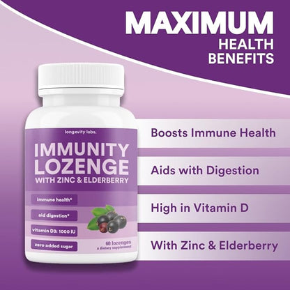 Immunity Lozenge w/Elderberry, Zinc & D3 | Immune Support Supplement for Men, Women & Kids | Non-GMO, Gluten & Caffeine Free | 60 Lozenges