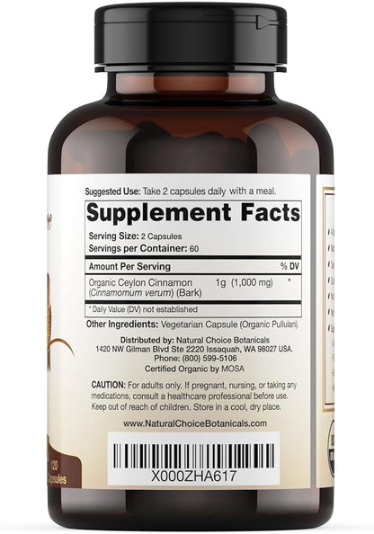 USDA Certified Organic Ceylon Cinnamon Capsules, Non-GMO Verified Supplement - 120 Capsules, 2 Month Supply