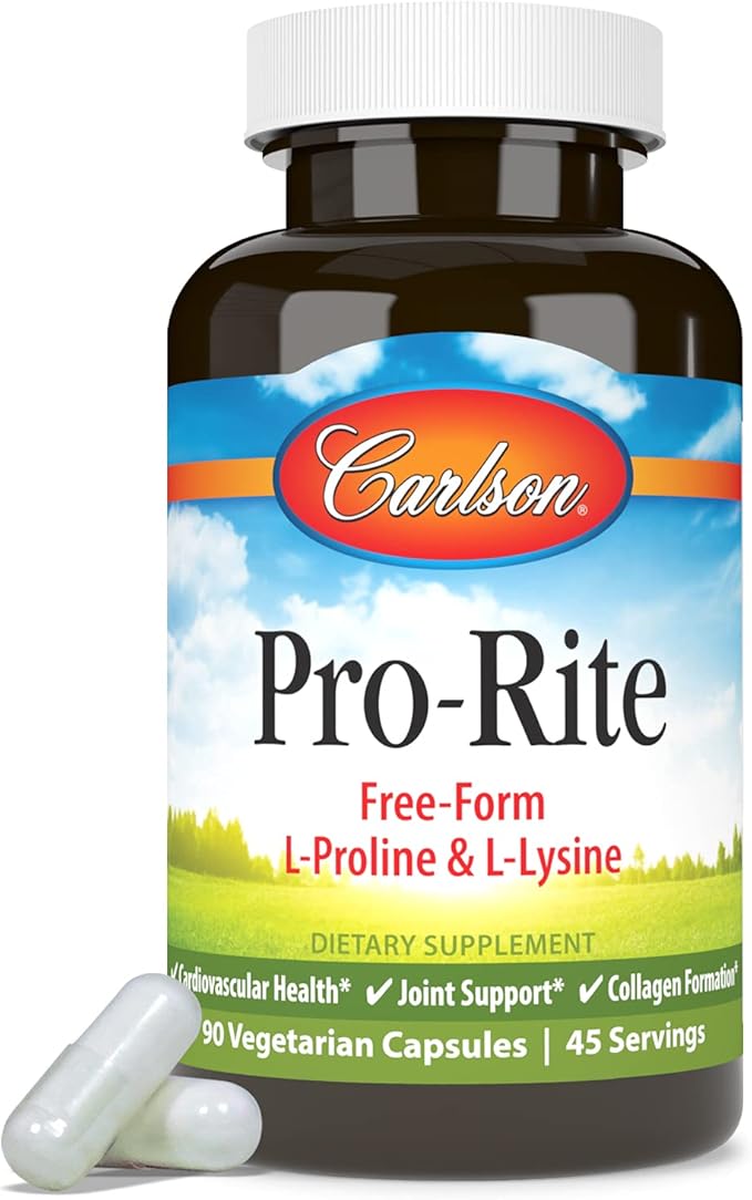 Carlson - Pro-Rite, Free-Form L-Proline & L-Lysine, Health, Joint Support & Collagen Formation, 90 Capsules