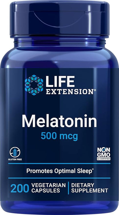 Life Extension Melatonin, 500 mcg – Gently Promotes Sleep, Low Dose, Value Size – Non-GMO, Gluten-Free, Vegetarian – 200 Capsules