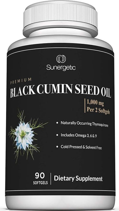 Sunergetic Premium Black Cumin Seed Oil Softgels – 1,000mg of Black Seed Oil Per Serving – Non GMO Cold Pressed Nigella Sativa – Includes Thymoquinone & Omega’s - 90 Softgels