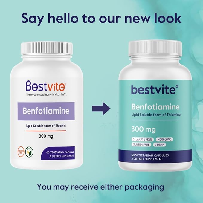 BESTVITE Benfotiamine 300mg (60 Vegetarian Capsules) No Stearates - No Silicon Dioxide - Vegan - Non GMO - Gluten Free