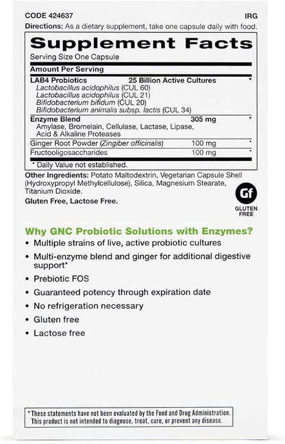 GNC Probiotic Solutions with Enzymes, Provides Digestive and Immune Support, 25 Billion CFUs, 60 Vegetarian Capsules, 60 Servings