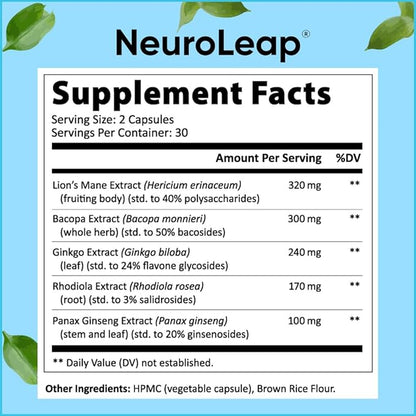 NeuroLeap Premium Nootropic Brain Health Supplement | US-Made | Supports Memory, Focus, Clarity, Energy | Easy-to-Swallow | Bacopa Monnieri, Lion's Mane, Rhodiola Rosea, Ginkgo, Ginseng |60 Count
